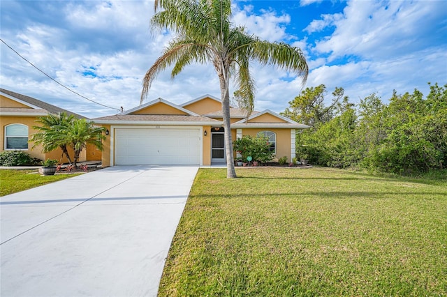 ranch-style home with a front yard and a garage