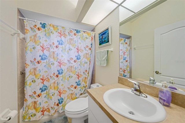 full bathroom with toilet, vanity, and shower / bath combination with curtain