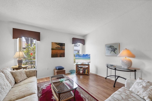 living room with wood-type flooring and a textured ceiling