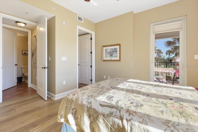 bedroom with access to outside, ceiling fan, and light wood-type flooring