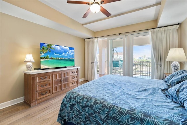 bedroom with access to exterior, ceiling fan, and light hardwood / wood-style floors