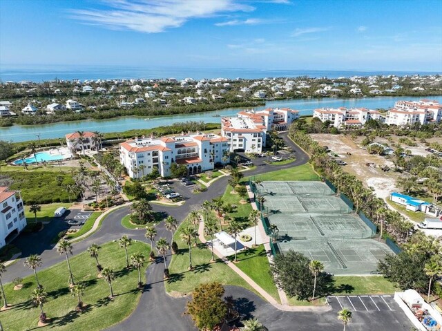 bird's eye view with a water view