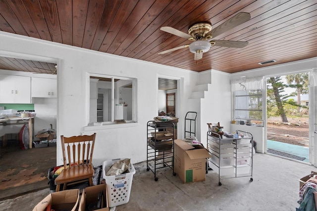 sunroom with ceiling fan and wooden ceiling