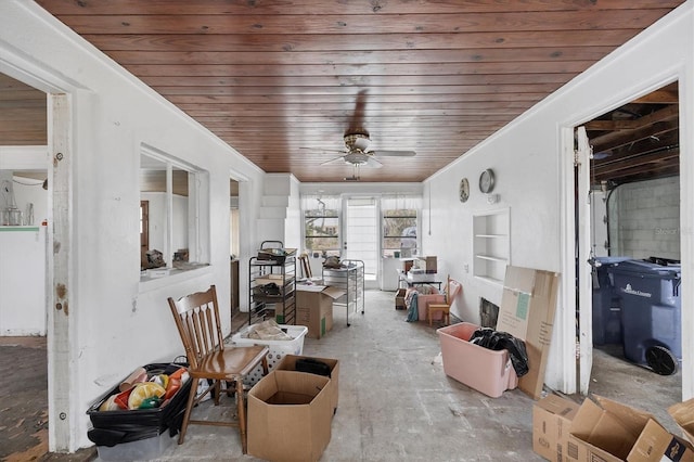 sunroom featuring ceiling fan and wood ceiling