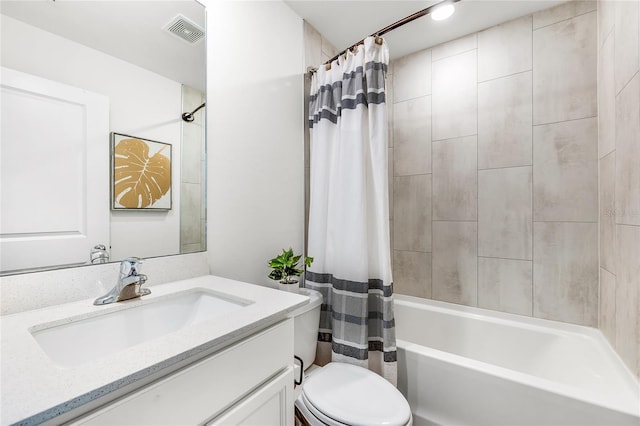 full bathroom featuring toilet, shower / tub combo, and vanity