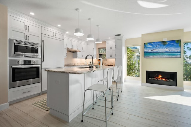 kitchen with stone countertops, white cabinetry, an island with sink, sink, and stainless steel appliances