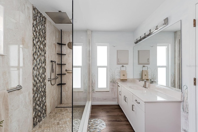 bathroom with vanity, wood-type flooring, and a shower