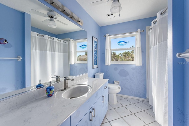 bathroom featuring ceiling fan, tile patterned floors, toilet, and vanity