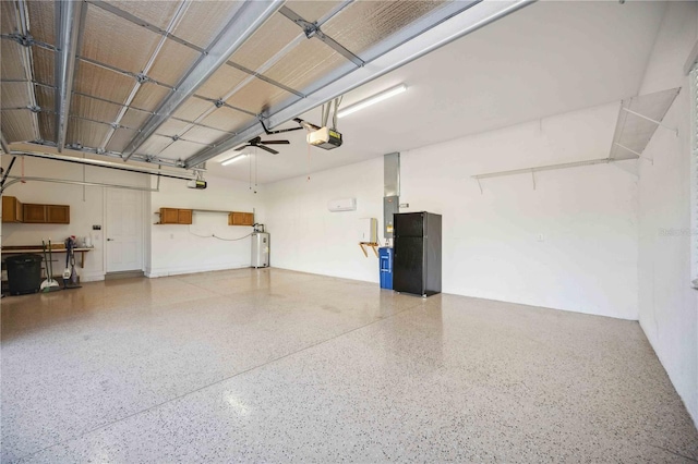 garage featuring a garage door opener, electric water heater, and electric panel