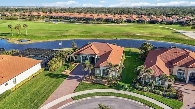 bird's eye view with a water view