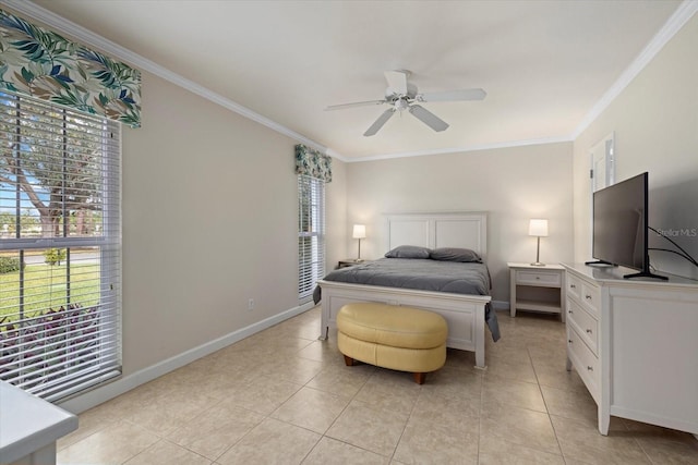 tiled bedroom with ornamental molding and ceiling fan