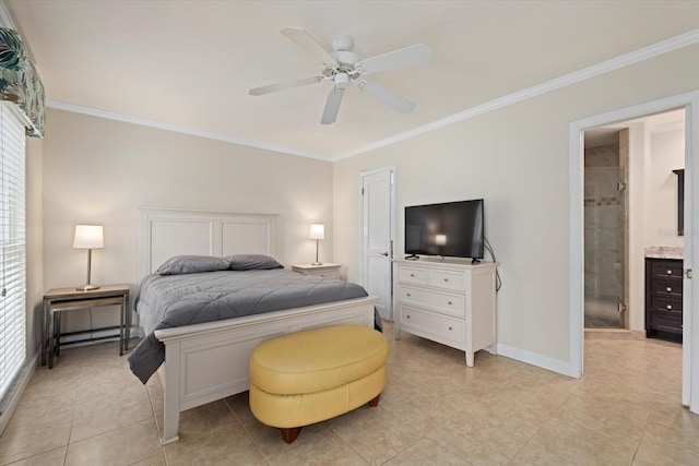 tiled bedroom featuring ceiling fan, ensuite bath, ornamental molding, and multiple windows