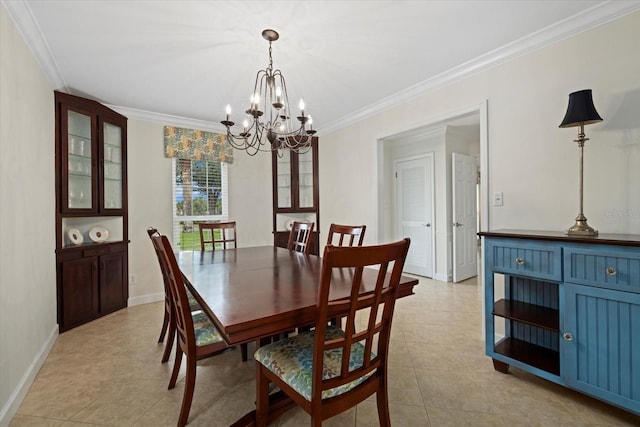 tiled dining room with crown molding and an inviting chandelier