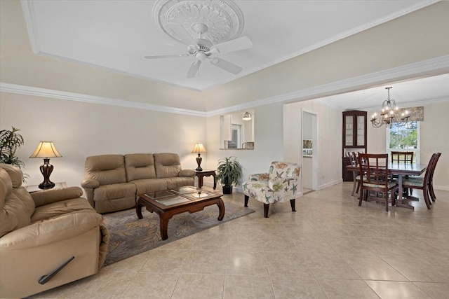 tiled living room featuring crown molding and ceiling fan with notable chandelier