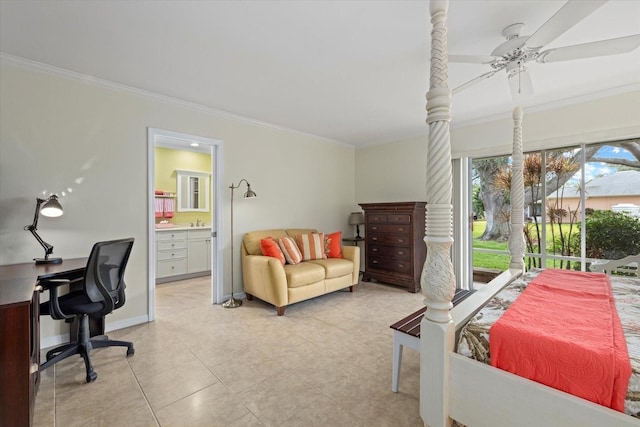 tiled bedroom featuring ornamental molding, access to outside, ceiling fan, and ensuite bath