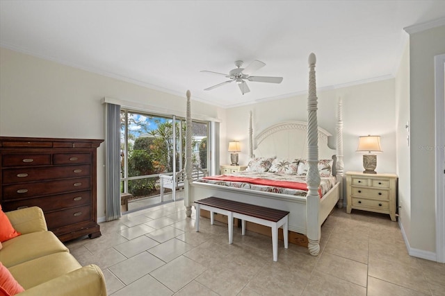 bedroom featuring light tile patterned flooring, ceiling fan, and ornamental molding