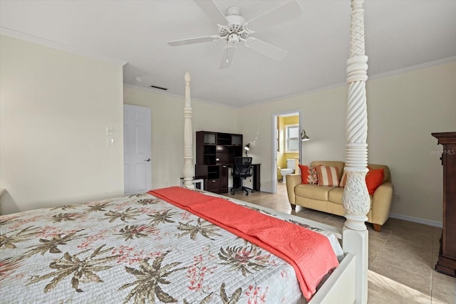 tiled bedroom featuring crown molding, connected bathroom, and ceiling fan