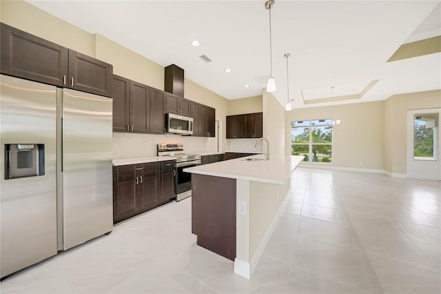 kitchen with sink, hanging light fixtures, stainless steel appliances, an island with sink, and decorative backsplash