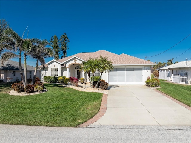 ranch-style home featuring a garage and a front yard