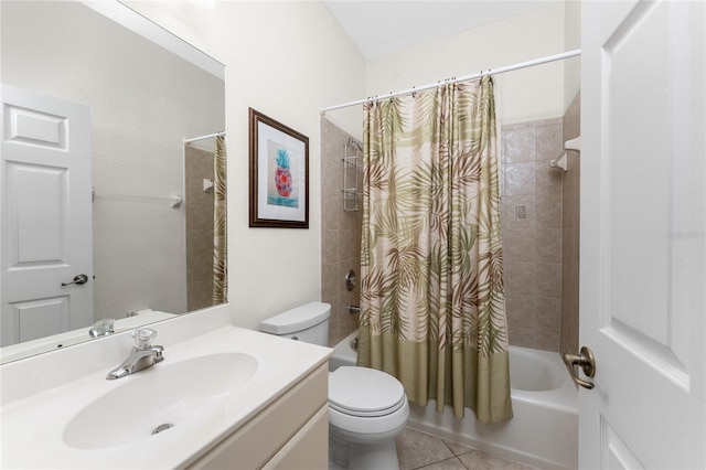 full bathroom with shower / bath combination with curtain, tile patterned floors, vanity, and toilet