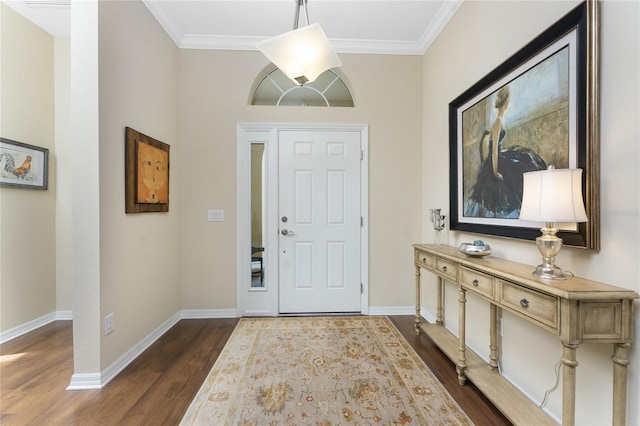 foyer entrance featuring crown molding and dark hardwood / wood-style flooring