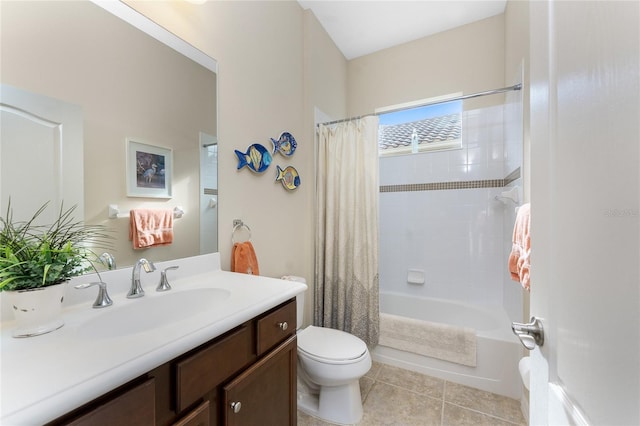 full bathroom featuring shower / tub combo with curtain, vanity, toilet, and tile patterned flooring