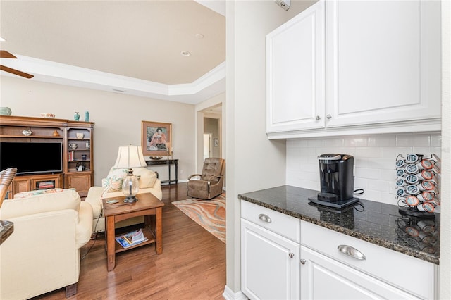 interior space featuring hardwood / wood-style floors, ceiling fan, and a tray ceiling