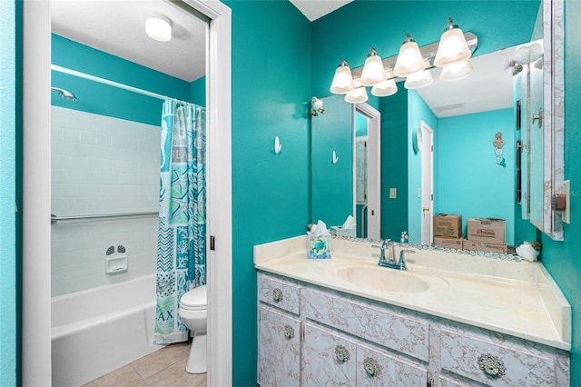 full bathroom with tile patterned flooring, vanity, shower / bath combo, and toilet