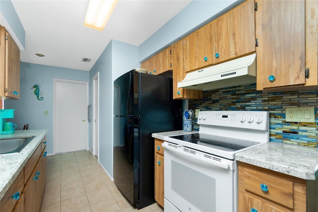 kitchen with backsplash, white electric range oven, sink, and light tile patterned floors