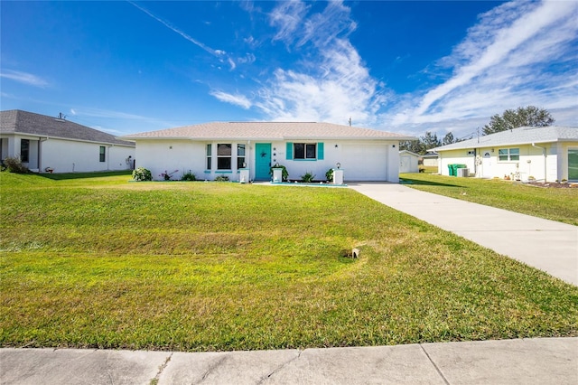 ranch-style house with a garage and a front lawn