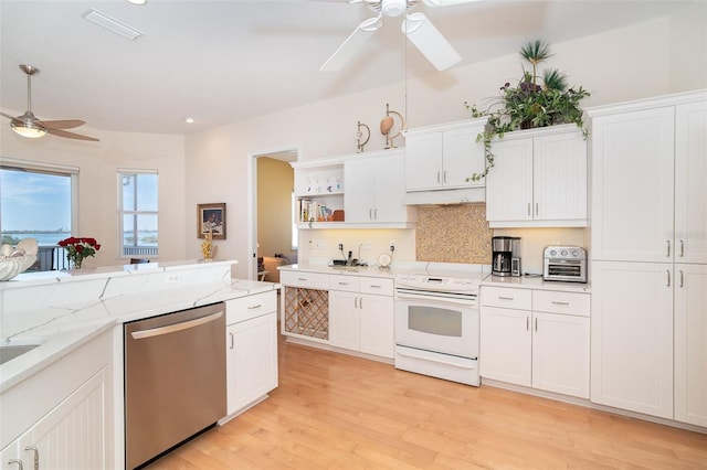 kitchen featuring electric stove, ceiling fan, stainless steel dishwasher, and white cabinets