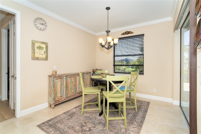 dining space with light tile patterned floors, ornamental molding, and a chandelier