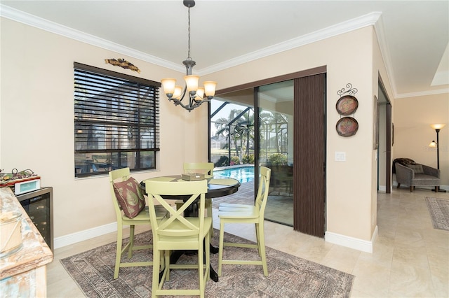 dining room featuring a notable chandelier, light tile patterned floors, and ornamental molding