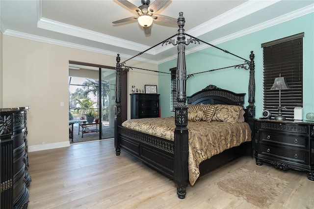 bedroom with access to outside, ornamental molding, ceiling fan, and light wood-type flooring