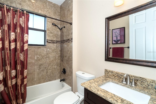 full bathroom with shower / bathtub combination with curtain, vanity, and toilet