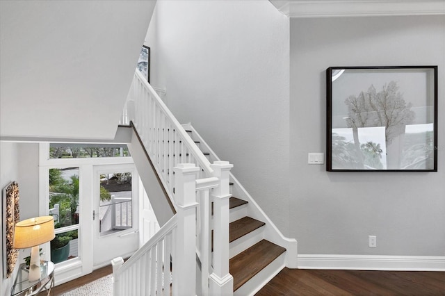 stairs featuring hardwood / wood-style floors