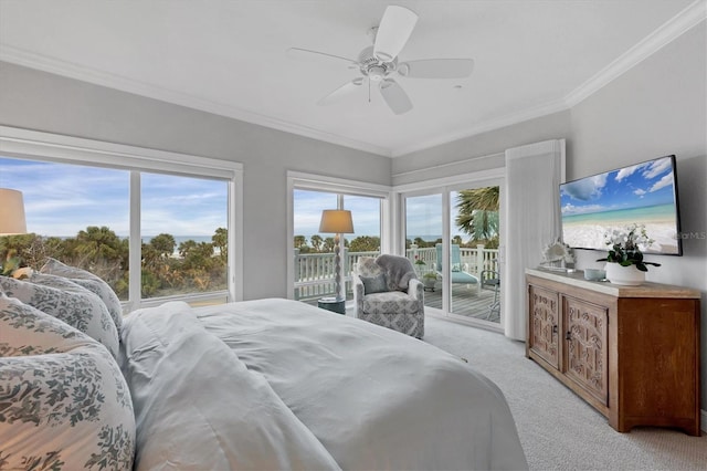 bedroom with crown molding, light colored carpet, ceiling fan, and access to outside