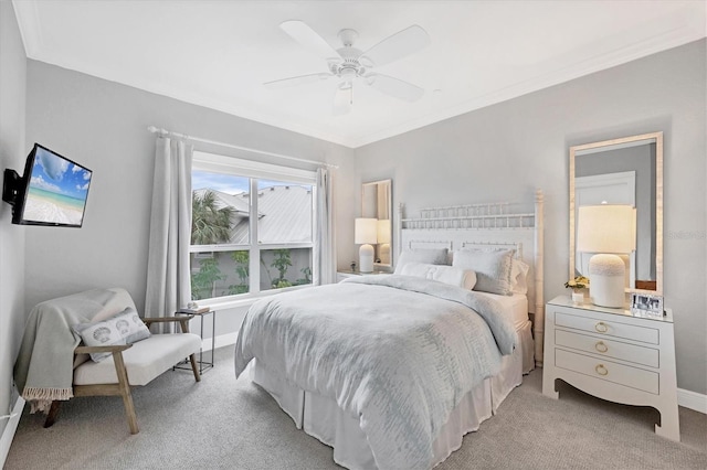 bedroom featuring light carpet and ceiling fan