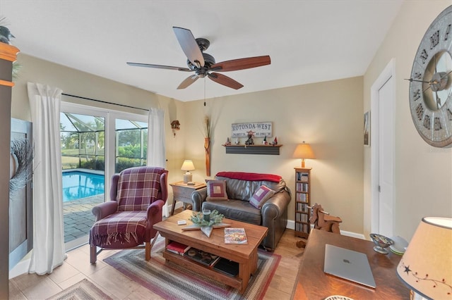 living room with ceiling fan