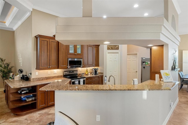 kitchen with sink, ornamental molding, kitchen peninsula, stainless steel appliances, and light stone countertops