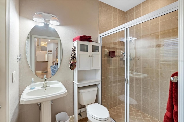 full bathroom featuring a shower stall, toilet, and a sink