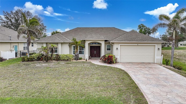 ranch-style home with a garage and a front lawn