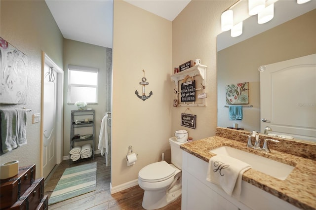 bathroom with vanity, hardwood / wood-style floors, and toilet