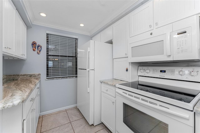 kitchen with recessed lighting, ornamental molding, white cabinetry, light stone countertops, and white appliances