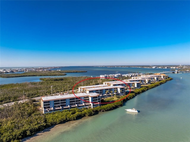 bird's eye view with a water view