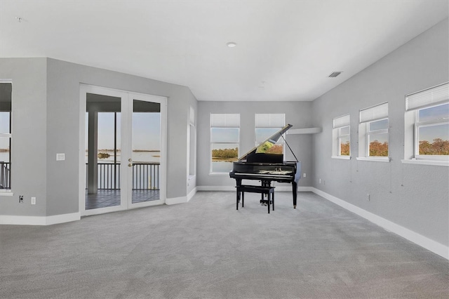 misc room featuring a wealth of natural light, light colored carpet, and french doors