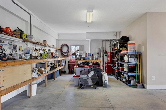 garage with a workshop area