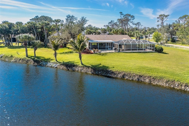 exterior space with a water view