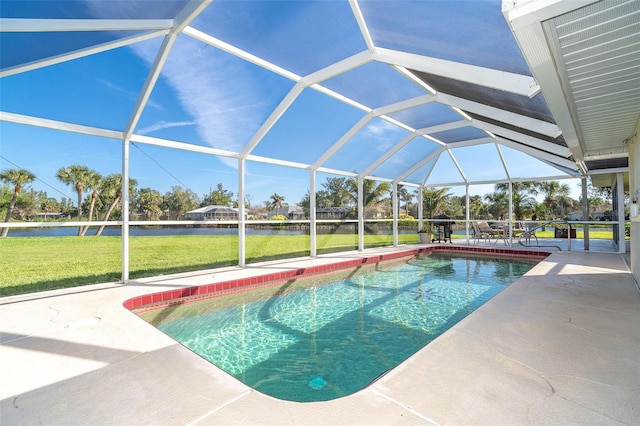 pool featuring a lanai, a water view, a lawn, and a patio