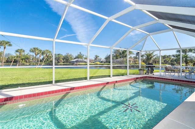 outdoor pool featuring a lawn, a patio area, a lanai, and a water view